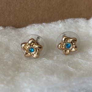 Dainty Daisy Goldtone & Blue Rhinstone Earrings